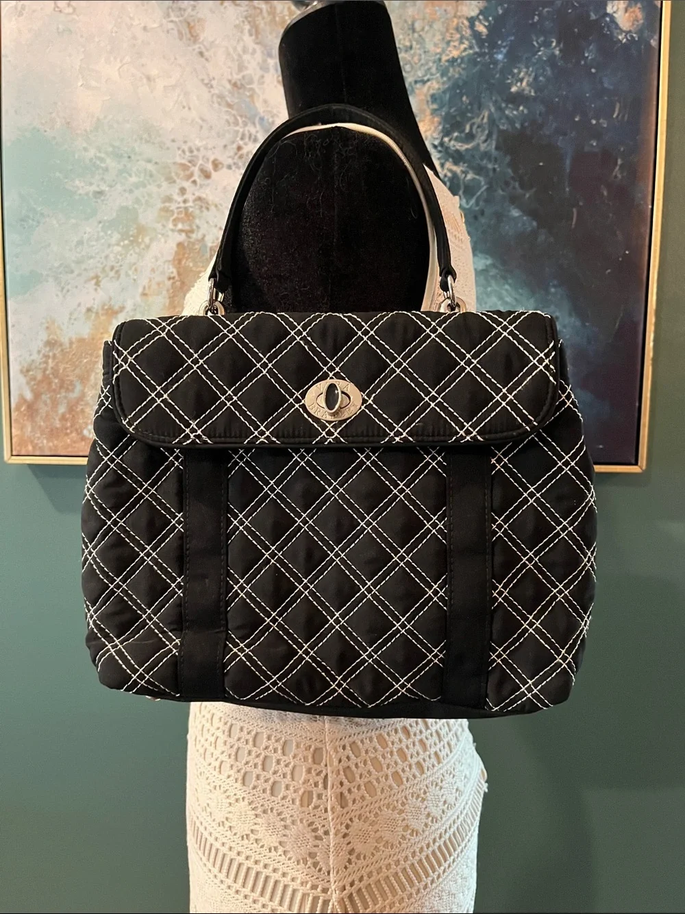 Vera Bradley Black Quilted Satchel with White Stitching
